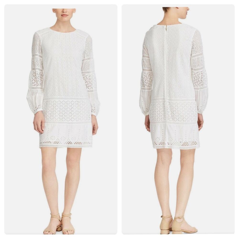 Lauren Ralph Lauren White Cotton Voile Floral Eyelet Long Sleeve Dress‎ Boho
